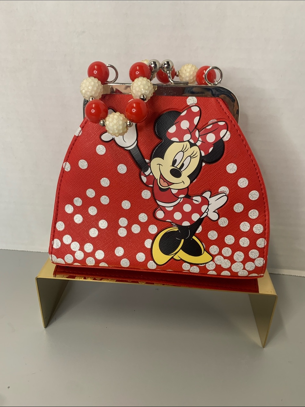 Disney Red Minnie Mouse Polka Dot Kids Clasp Purse with Beaded Handle